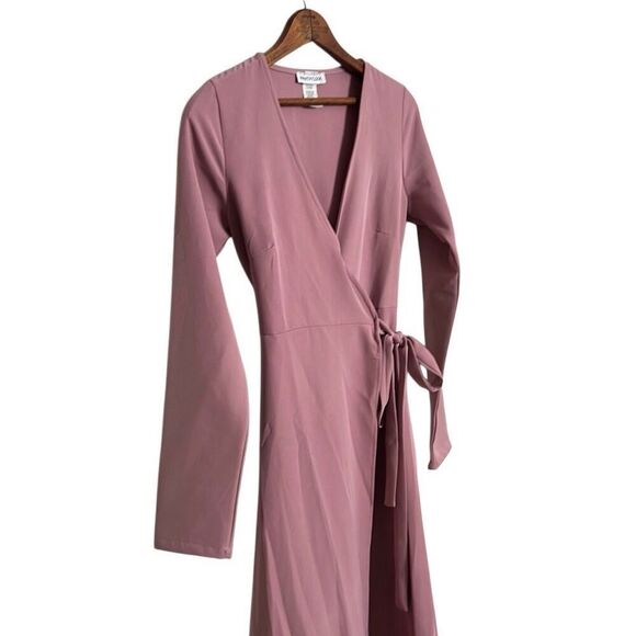 Want My Look Surplice Stretch Long Sleeve Tie Waist Wrap Dress Pink Medium - Picture 2 of 6